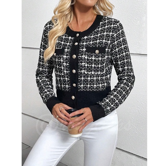 Black Plaid Button Up Cardigan Knit Long Sleeve Chest Pockets - Picture 6 of 12